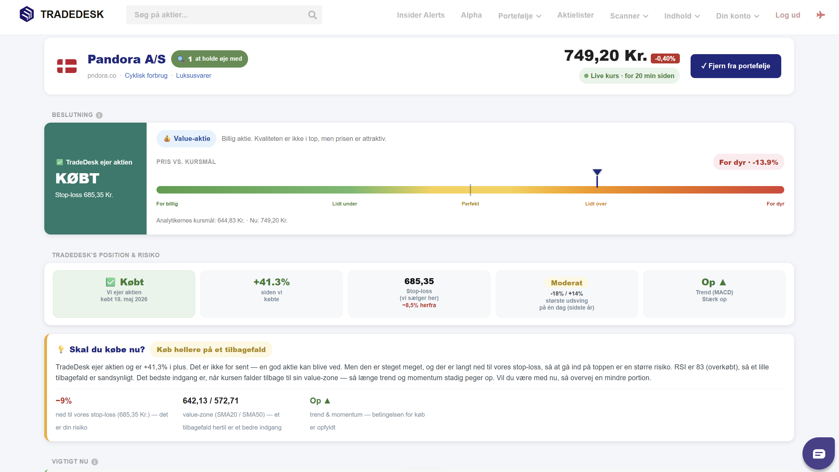 TradeDesk-analyse af en aktie: value, kvalitet og momentum, kursmål og dagligt køb/sælg-signal
